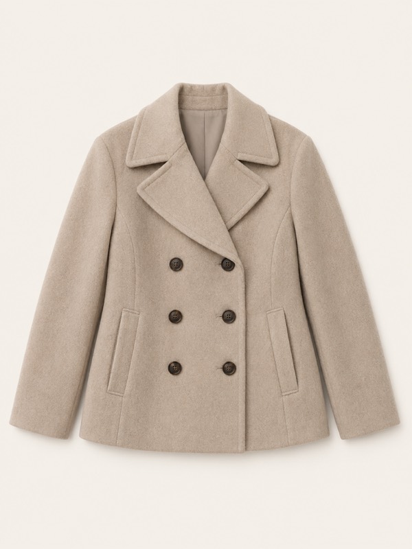 Peacoat: A short, double-breasted wool coat with wide lapels.