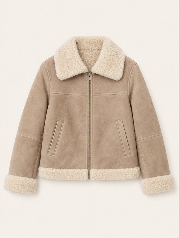 Shearling jacket: Suede or leather lined with fleece that shows at the collar and cuffs.